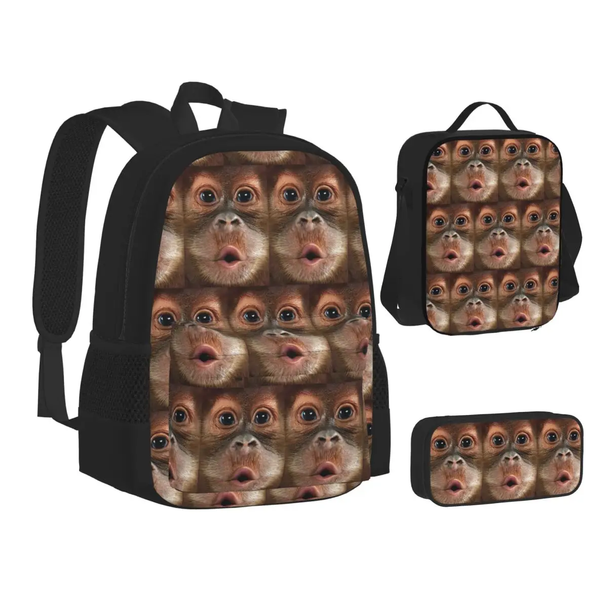 

Big Face Baby Orangutan Monkey Backpacks Students Bookbag School Bags Kids Rucksack Lunch Bag Pen Bag Three-Piece Set
