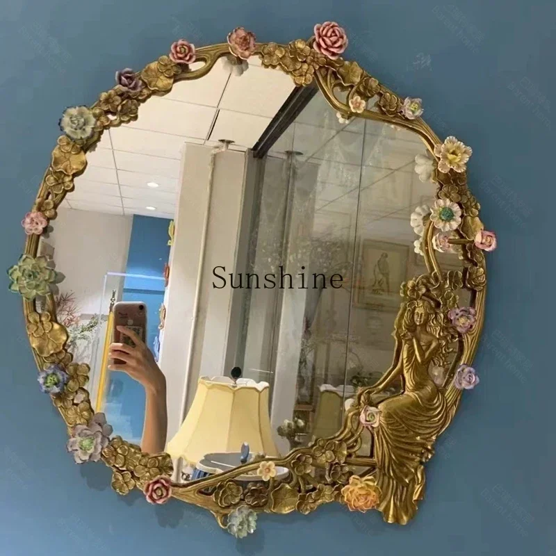 YFrench carved hollow round mirror figure retro all copper frame ceramic flower hanging mirror