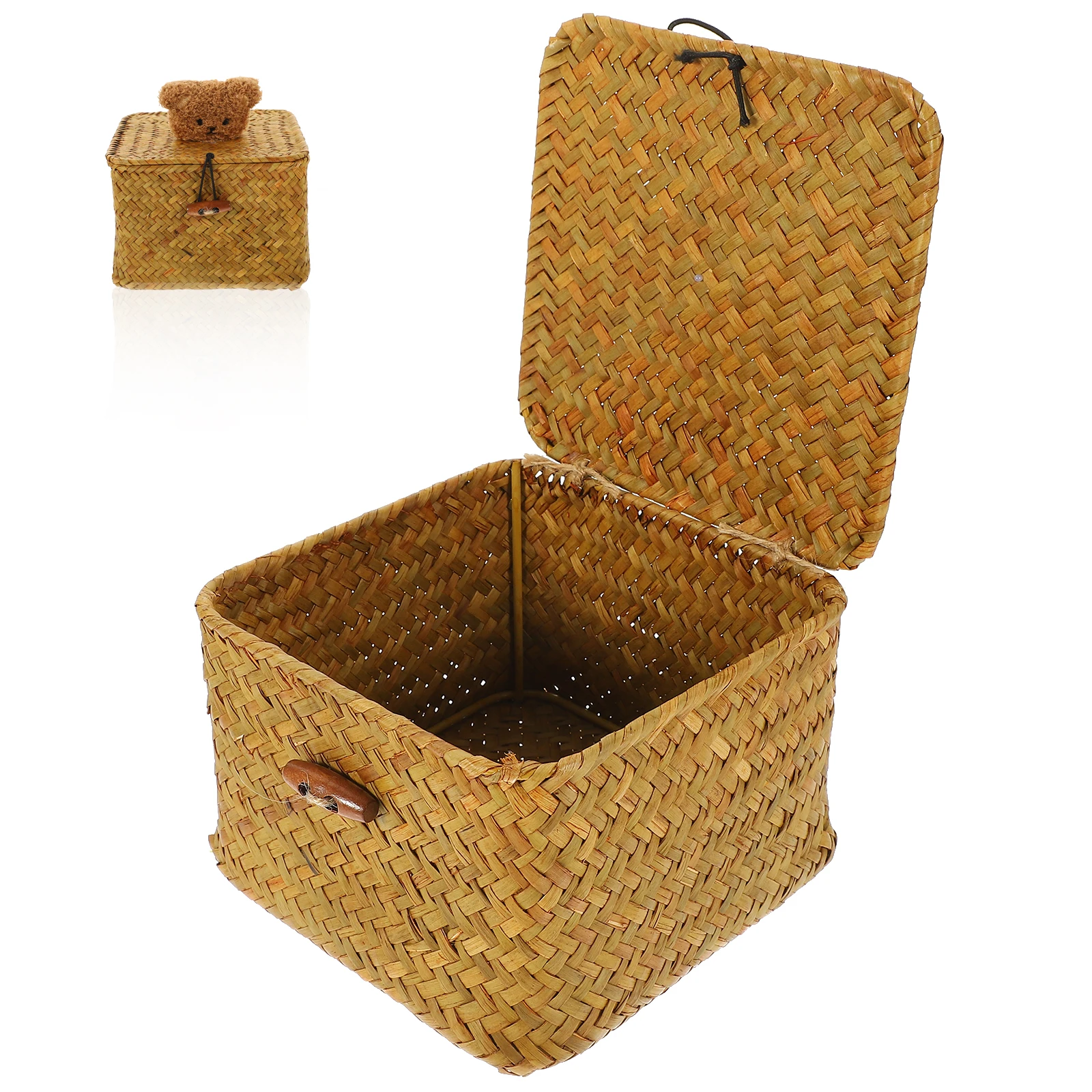 

Cartoon Bear Box Small Woven Basket with Lid Home Organization Storage With Lids Bins Container for Snacks Toys Books