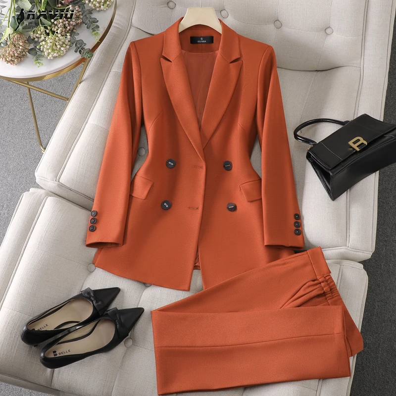 

NAVIU Women Pant Suit Office Ladies Female Business Work Wear 2 Piece Set Orange Formal Double Breasted Blazer And Pants