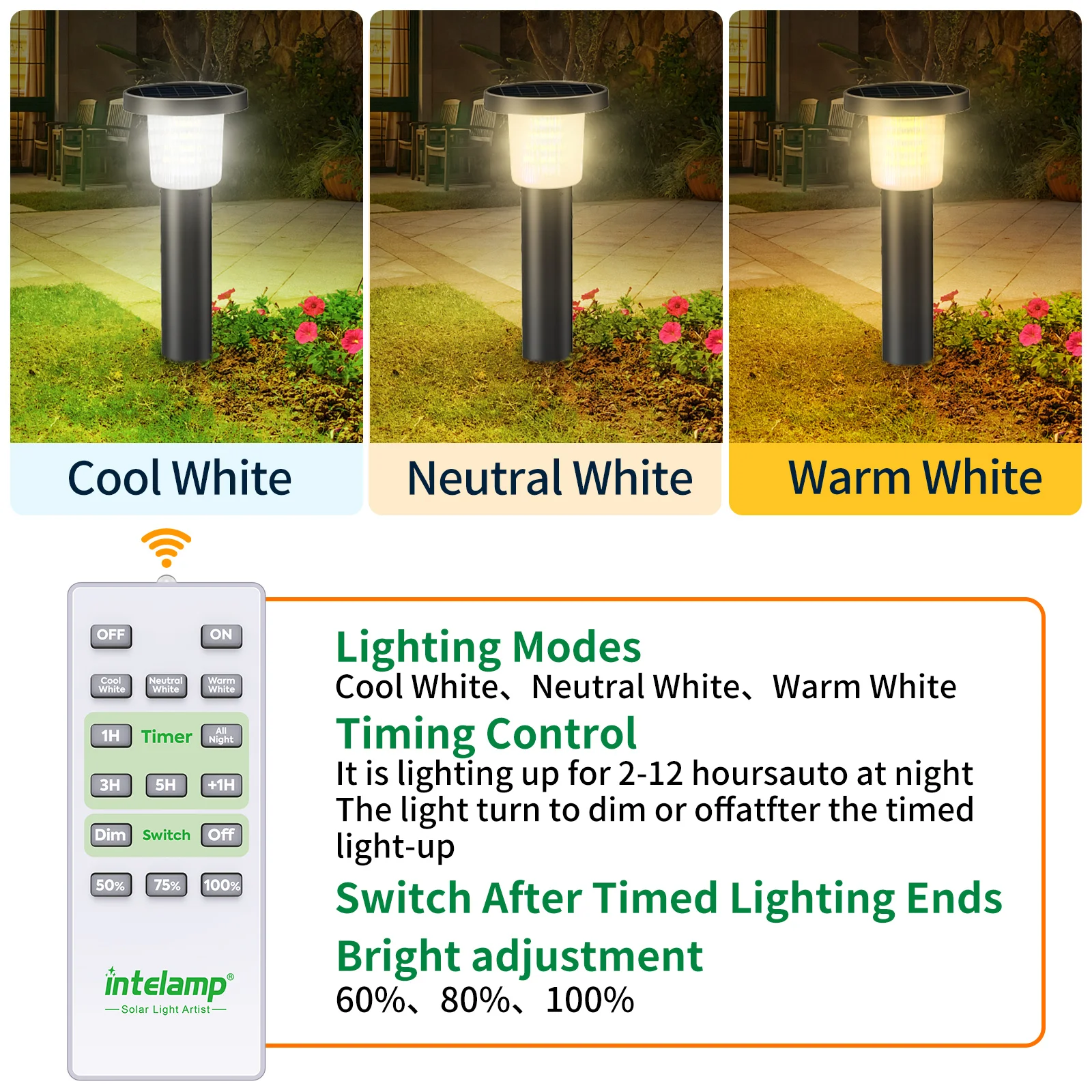 Lámparas solares INTELAMP para jardín exterior con mando a distancia, iluminación de jardín solar de 40 cm [Clase de energía A] Paquete de 2