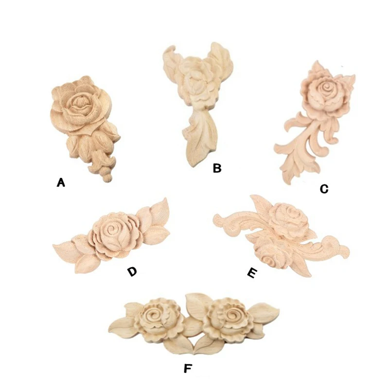 4PCS Rose Wood Carved Appliques Onlay,Unpainted Wooden Mini Decals for Cupboard Cabinet Wall Dresser Bed Mirror Mantels Decor