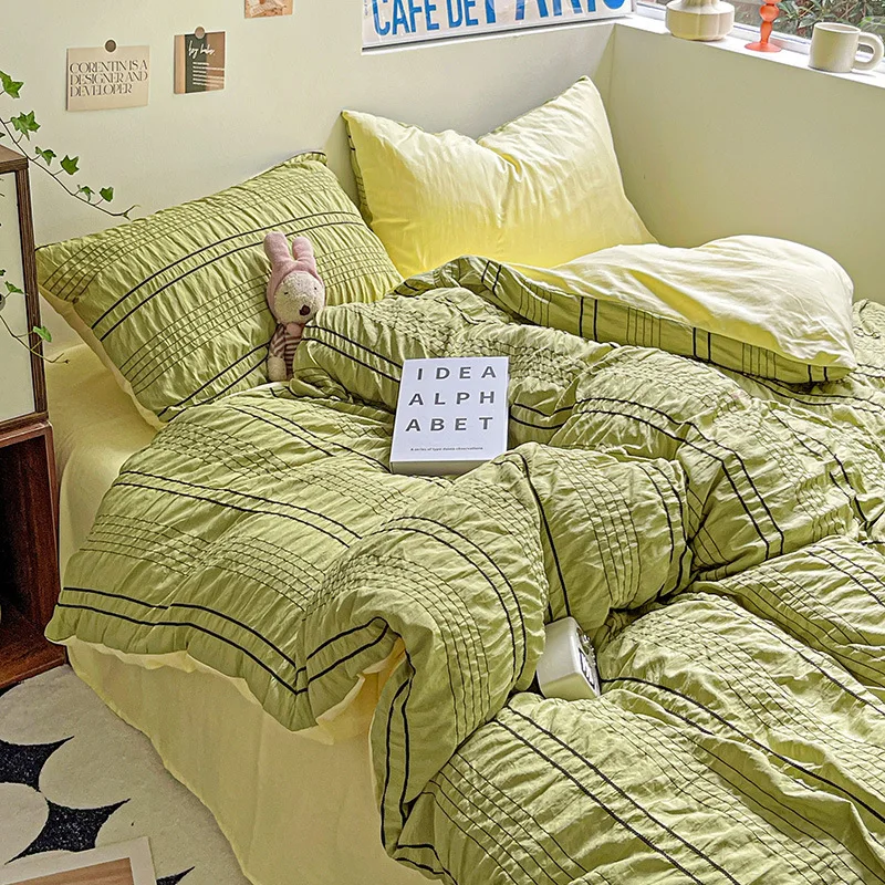 Picture 4: Korean ins wind seersucker solid color double washed cotton four-piece set, spring and summer three-piece set