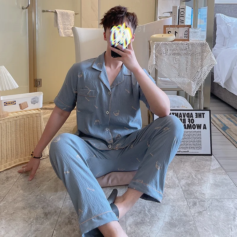 

New Cotton Pajamas Men's Short Sleeved Spring and Autumn Summer Home Furnishing Large Size Sleepwear Set