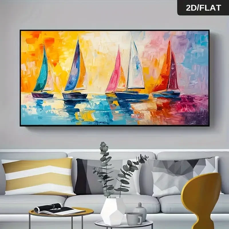 2D Flat, 1pc 27.56x55.12in Frameless Modern Abstract Canvas Art - Colorful Sailboats on Water, Vibrant Sunset Reflections, Large
