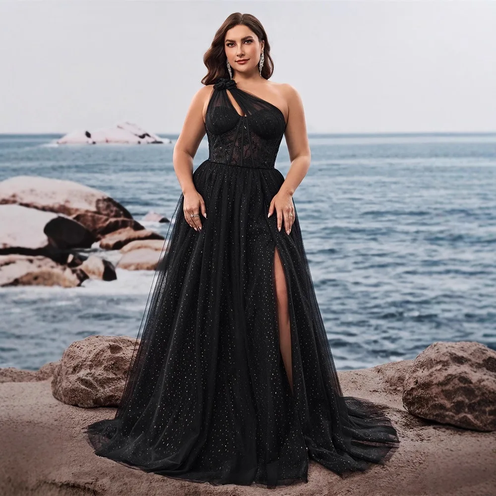 Plus Size Black One Shoulder Floral Bow Corset Star Tulle Maxi Dress High Slit Flowy A Line Wedding Guest Evening Gown