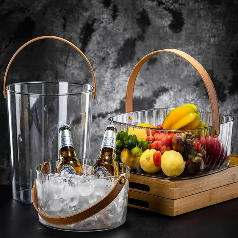Portable Beer Ice Buckets Acrylic Champagne Bucket Fruit Storage Bucket Leather Portable Large Capacity Ice Buckets Bar Tools