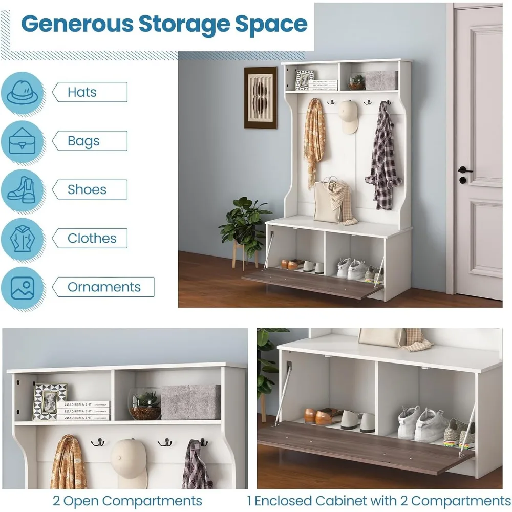 Multifunctional Entryway Coat Rack with Storage Bench and 5 Hooks, Freestanding Wooden Hall Tree for Home