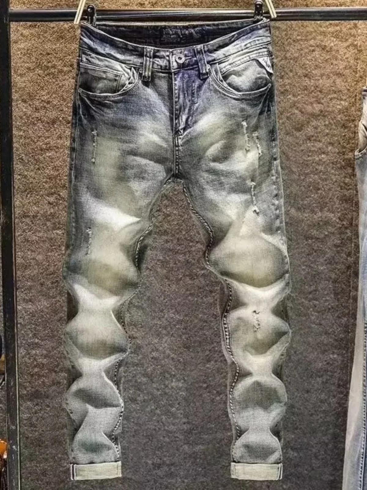 

Мужские мотоциклетные джинсы 2024: Новинка Весны, винтажные, прямого кроя, эластичные, с высокой эластичностью, с эффектом потертости и дырками