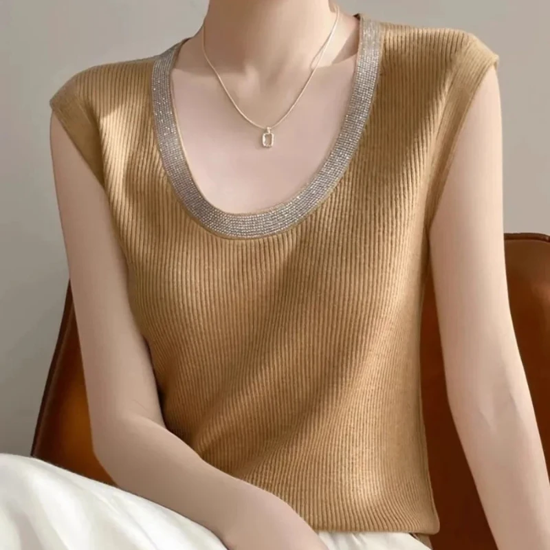 

Elegant Women's Knit Tank Top With Rhinestone Trim For Office Wear Spring And Autumn Style