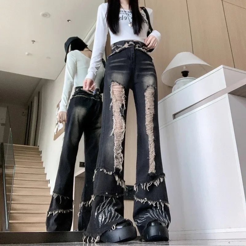 Jeans Women Ripped Tassel Design Chic Vintage All-match High Waist Sweet Spicy Girls Korean Fashion Autumn Trousers Personality