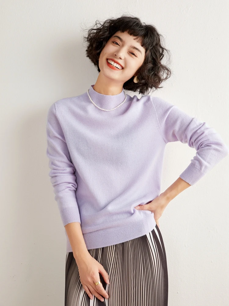 

Women 100% Cashmere Sweater Mock-neck Pullover Basic Long Sleeve Goat Cashmere Knitwear 30 colors Spring Autumn Knitting Tops