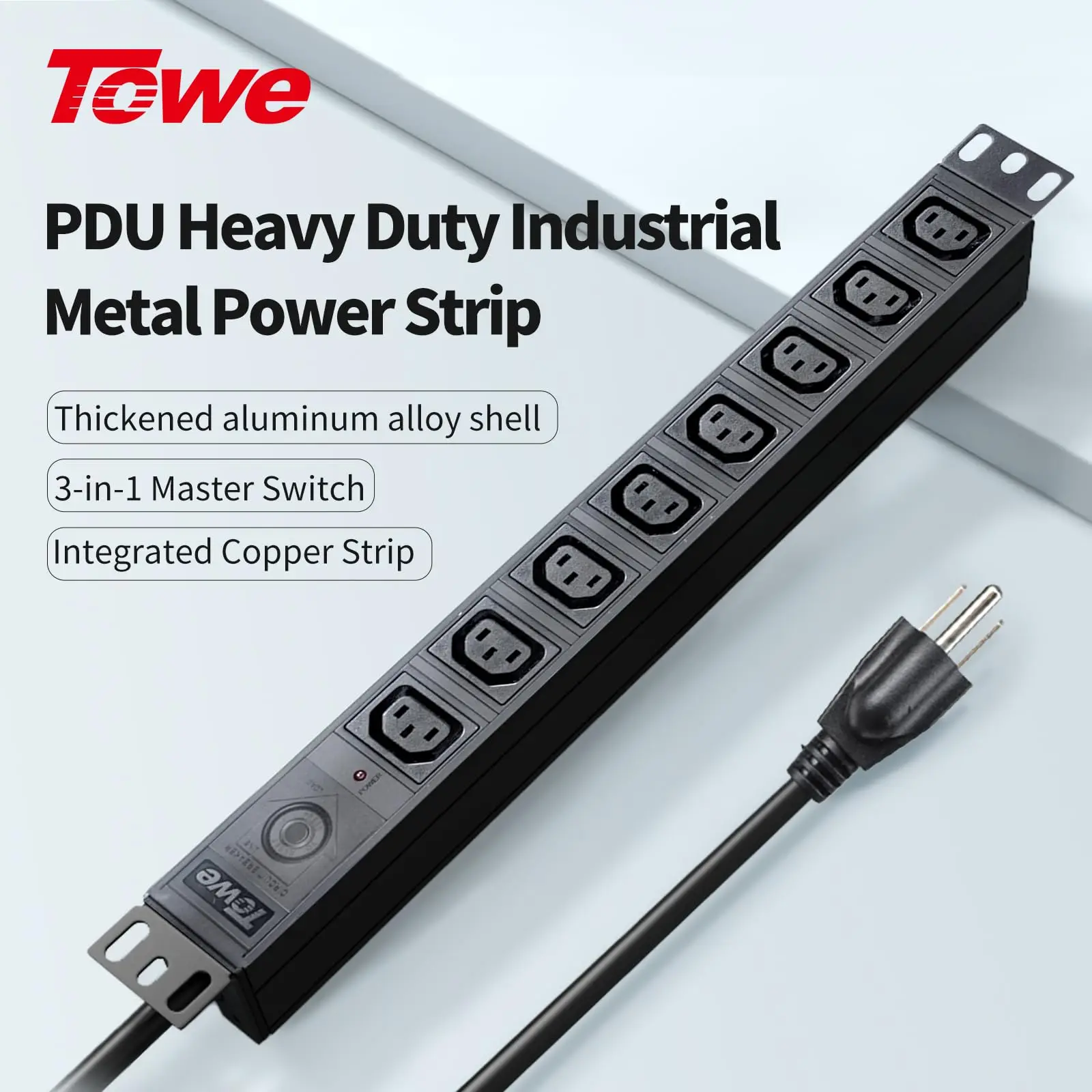 TOWE 8 Outlet IEC C13 Rack Mount PDU 15A 4000W Heavy Duty Metal Power Strip with Master Switch for Server Cabinet Data Center