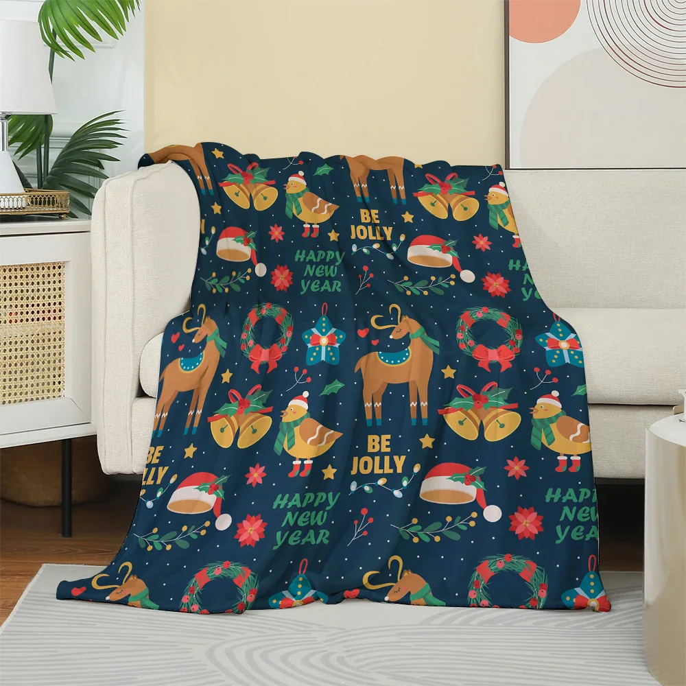 1PC Throw Christmas theme Reindeers Bells Ring Flannel Blanket Xmas Holiday Throw Soft Warm Festival Decor Blankets Pefect Gifts