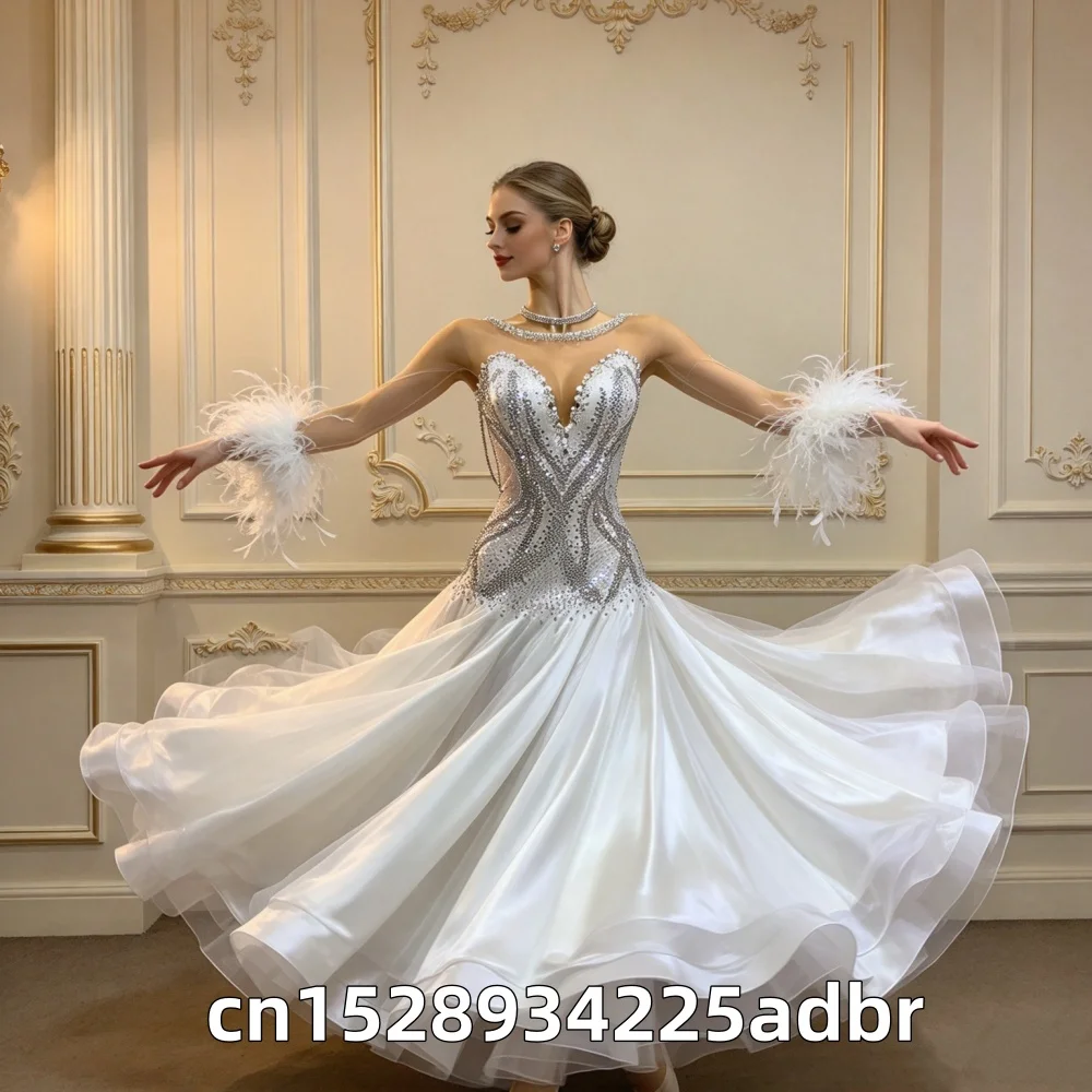 New White Modern Ballroom Competition Dress Custom Size Fit with Mesh and Rhinestone Bodice for Stage