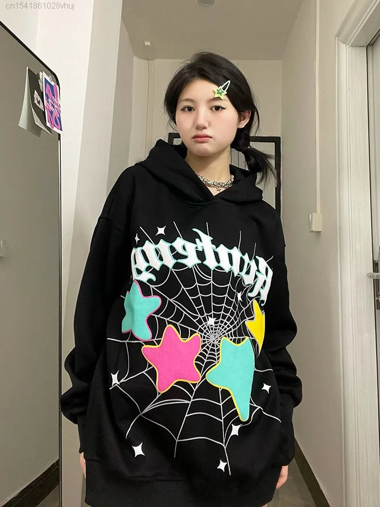 

New Hip Hop Spider Web Star Graphic Thickened Hooded Sweater Y 2k Gothic Hippie Black Clothes Tops Female Aesthetic Pink Hoodie