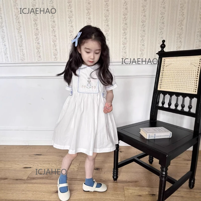 Teen Girl Clothes Children Girls Collar Dress Preppy Style Kids Embroidery Short Sleeve Princess Dresses Outfit Summer Costume