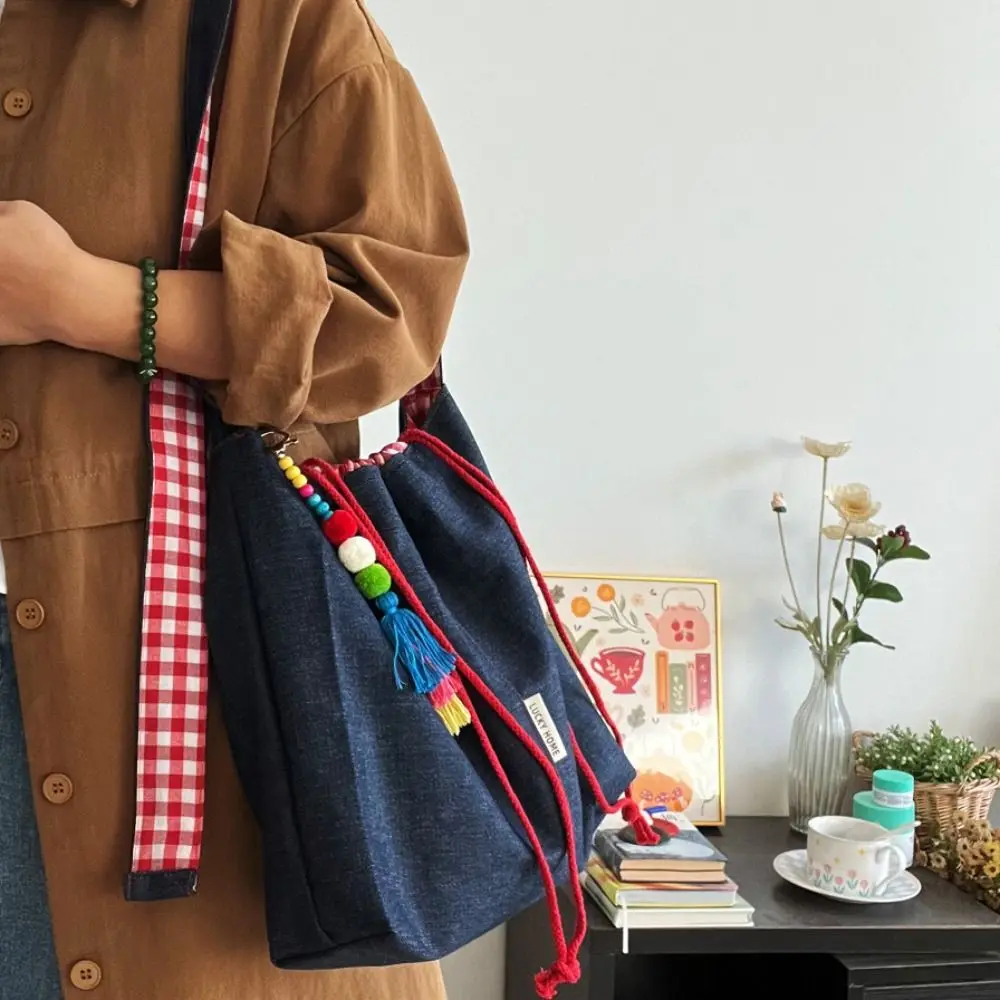 

Vintage Large Capacity Drawstring Tote Bag Casual Leisure Denim Shoulder Bag Cowboy All-match Casual Canvas Bag Students