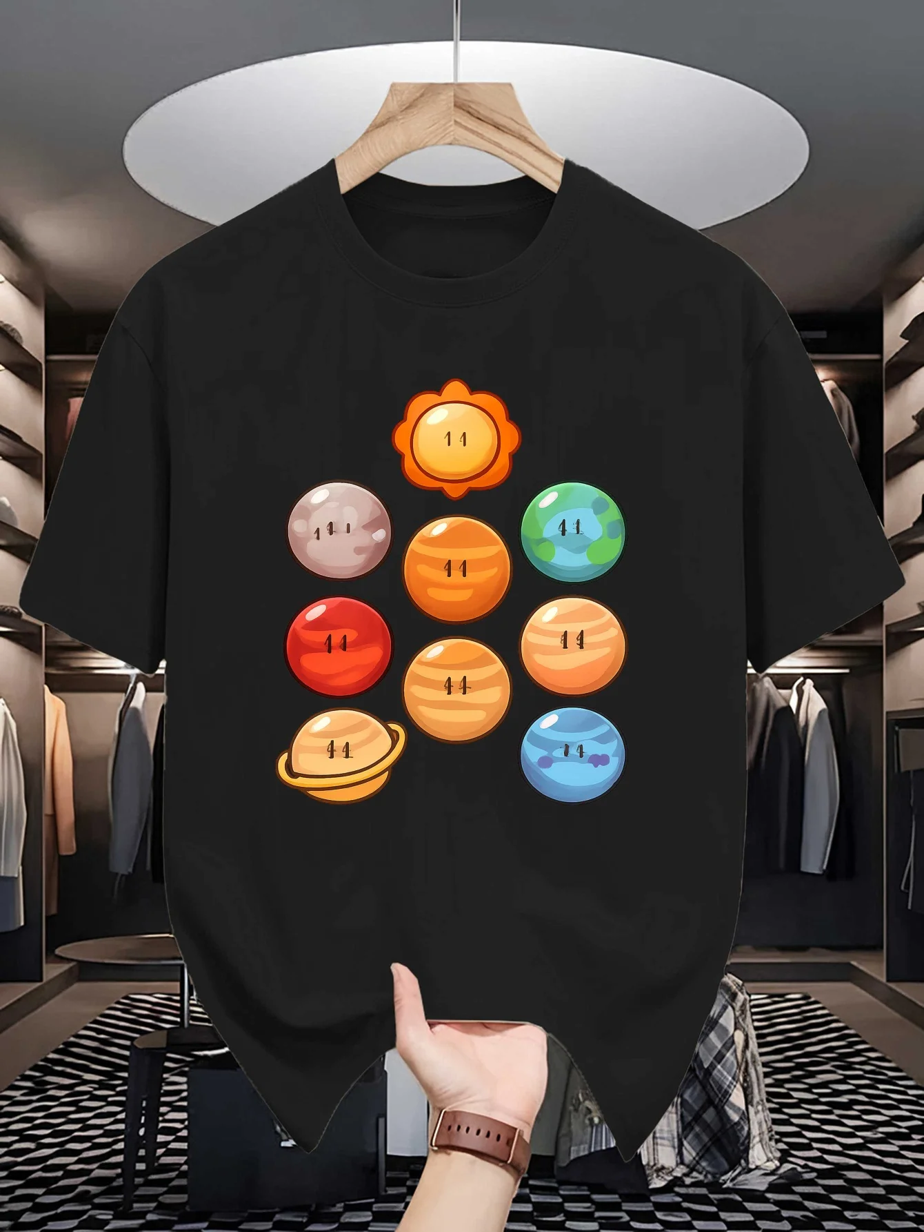 Colorful Cartoon Solar Planets Graphic Mens Crew Neck T Shirt Space Astronomy Print Short Sleeve Casual Cotton Summer Tops