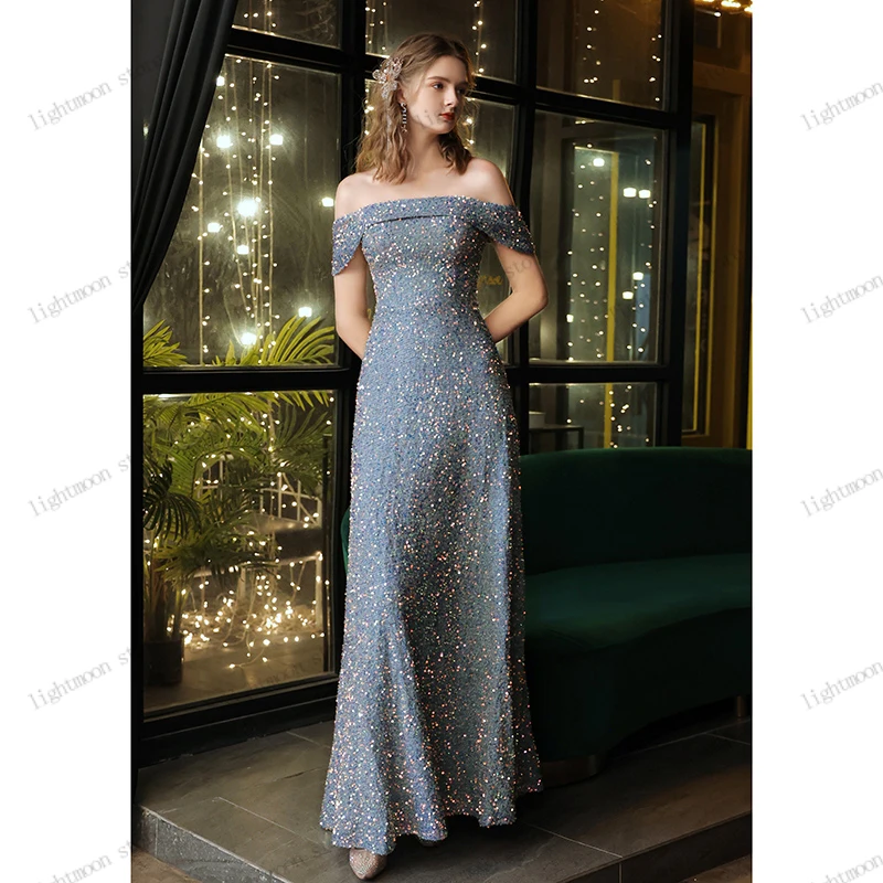 

Shiny Prom Dress Glitter Simple Evening Dresses Off The Shoulder Ball Gowns Sequin Appliques Floor Length Vestidos De Gala 2024