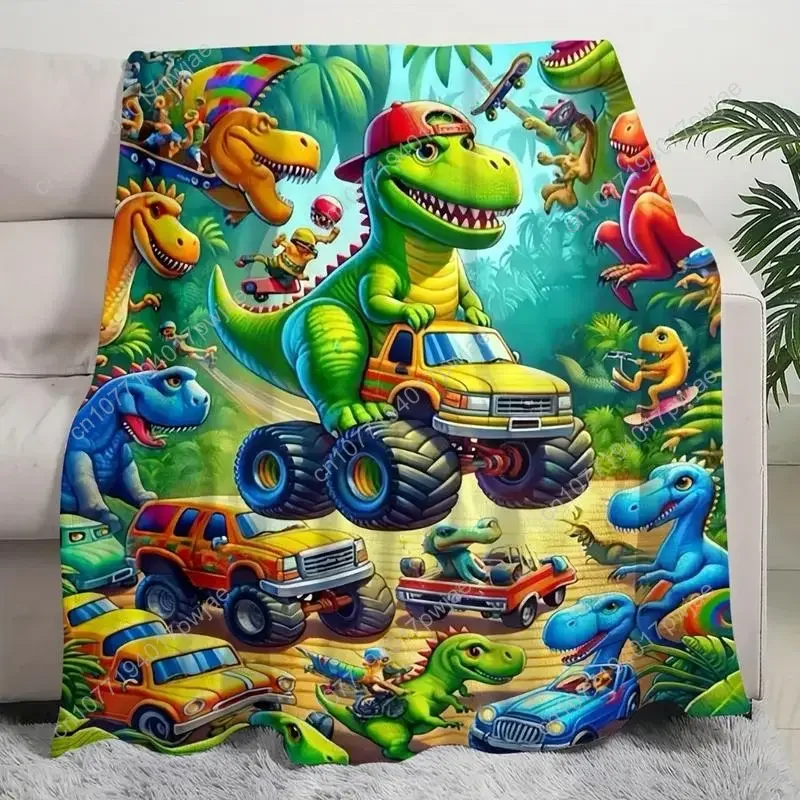 Flange Velvet Throw Blanket - Soft, Funny Vibrant Cartoon Dinosaur Design, Comfortable Dinosaur Truck Pattern, Ideal for Napping