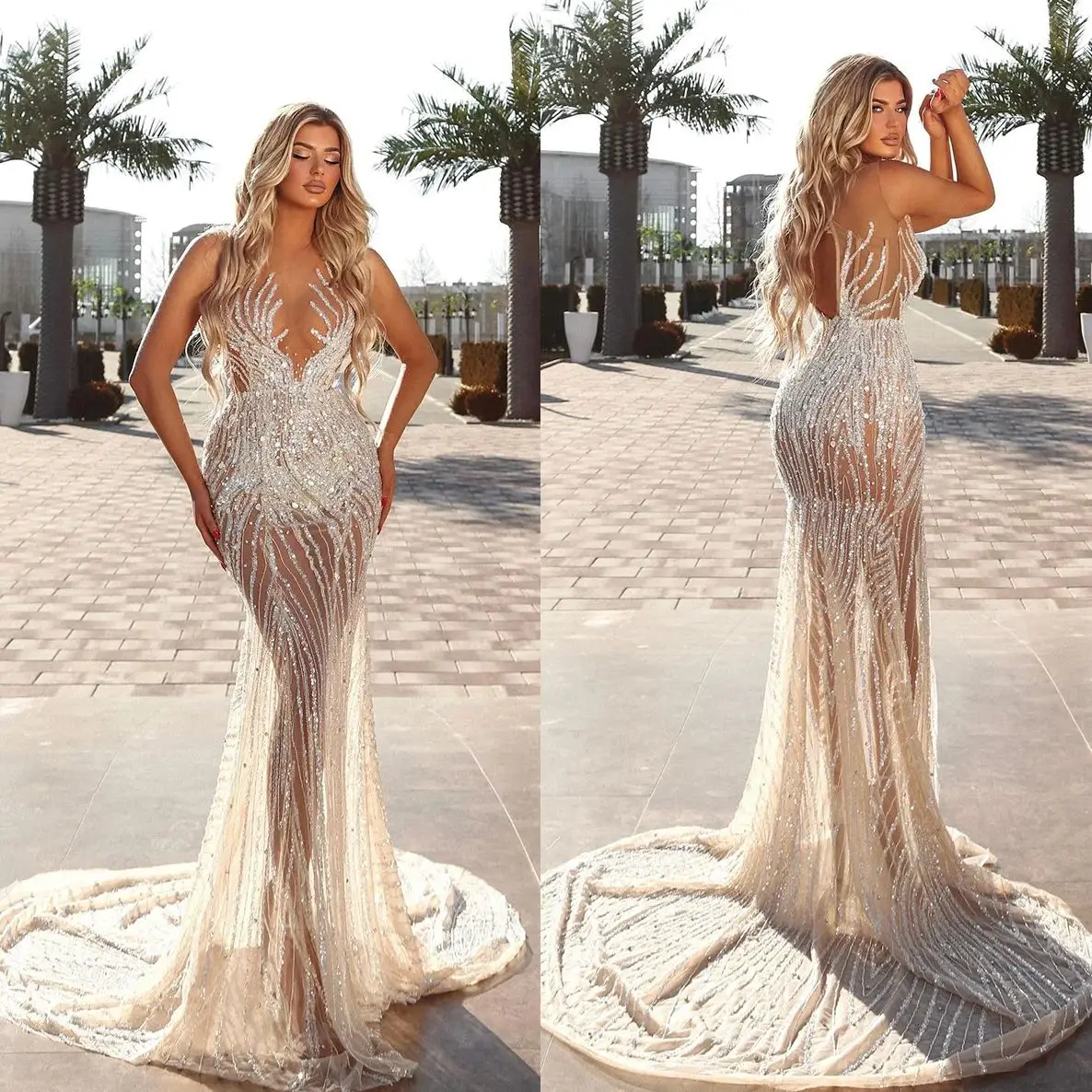 Abiti da sposa a sirena glamour Illusion paillettes perline senza maniche Backless Court Gown Zipper Bridal custom Robe De Mariée