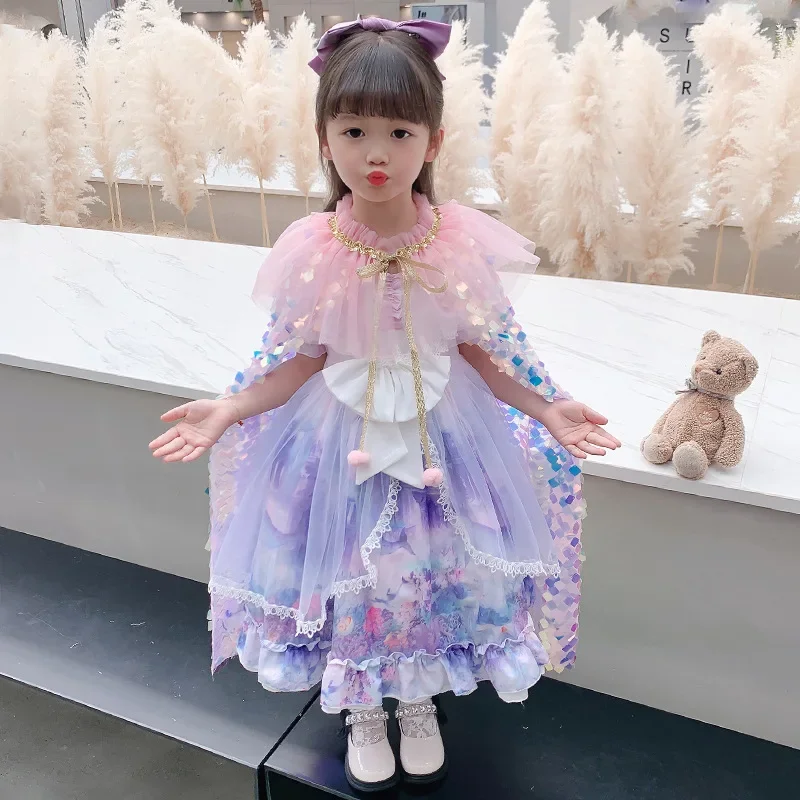 Girls Little Mermaid Cloak Children Colorful Sequined Capes Princess Cloak Kids Shiny Bright Party Costume Girl Dress up