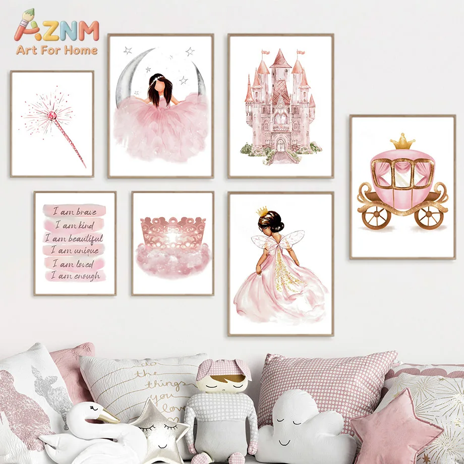 AZNM – impression sur toile princesse rose, château, calèche, couronne de fée, affirmation positive, décoration murale non encadrée pour chambre d'enfant, A