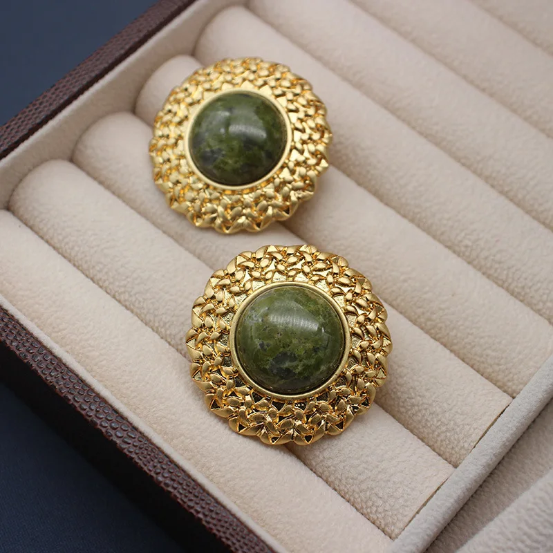 Exaggerated Earrings, Flower Green Stone Straw Hat, Plain Gold Earrings, Large Size Earrings