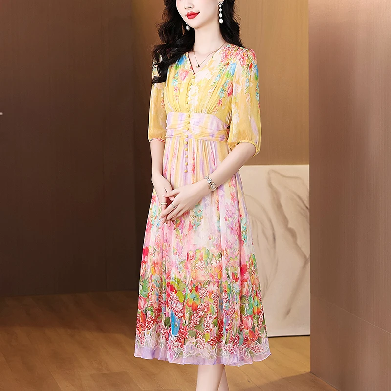 Summer Floral Silk Beach Midi Sundress Women Boho Fashion Casual Light Dress 2025 Spring Korean Elegant Luxury Festival Vestidos
