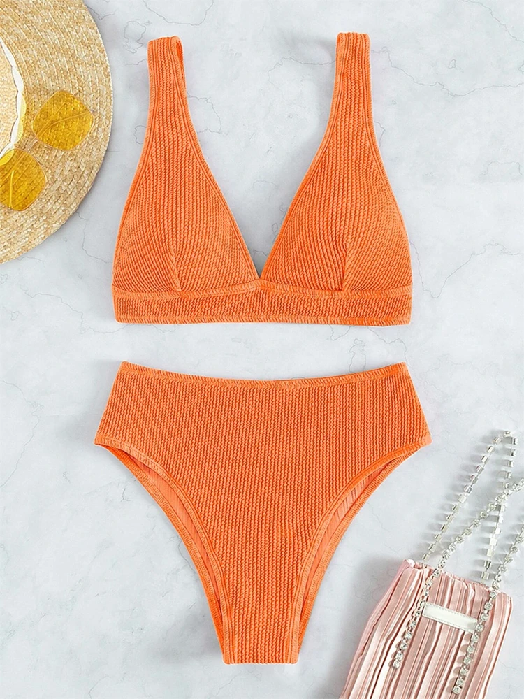 Bikini Women Swimsuit 2024 New Solid Ribbed Bikinis Set Sexy V Neck 2 Piece Swimwear Summer High Waist Beach Bathing Suit Female