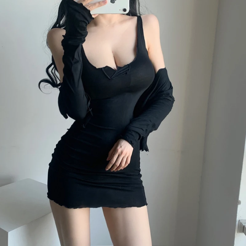 Woman Sexy Mini Dress Pornstar Ripped Girls Cardigan Crop Tops Shirt Skirt Set Fashion Club Party Korean Open Breasted Clothing