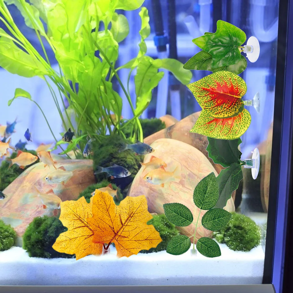 

3pcs Vivid Aquarium Decor Fish Tank Plants Resin Fake Plastic Faux Plant Leaves Suckers Wear Resistant Replaceable Accessories