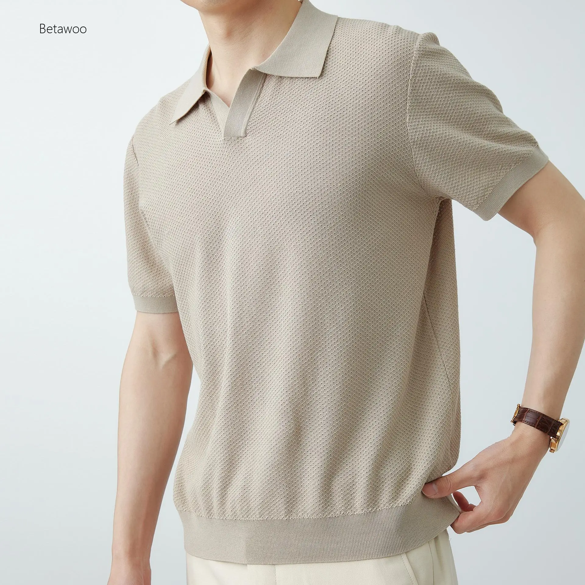 Casual Knit Polo Shirt for Men Black Short Sleeve V-Neck Collar Top