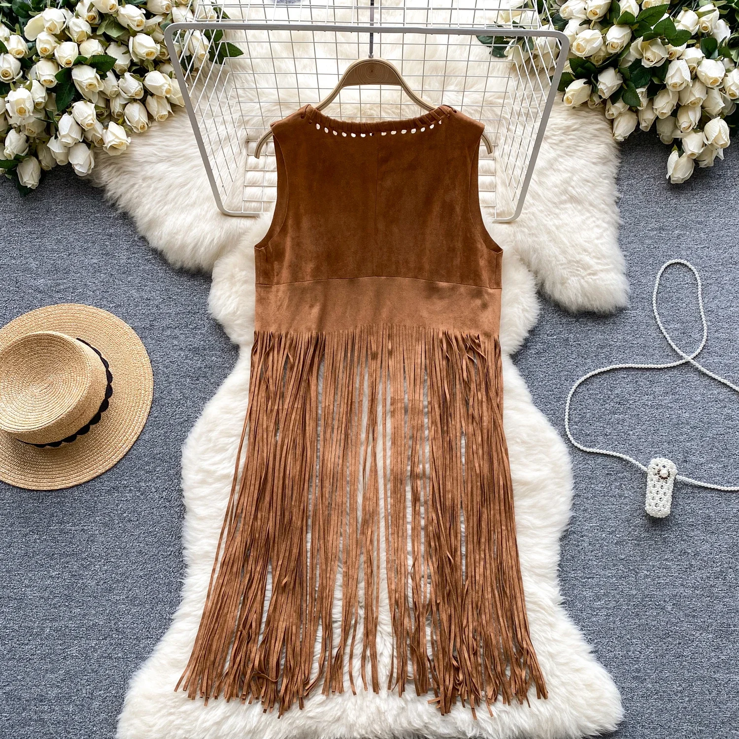 New Women\'s Suede Cardigan Waistcoat Suede Long Fringe Cape Tassels Open Front Hollow Hole Design Fashion Hippie Outerwears