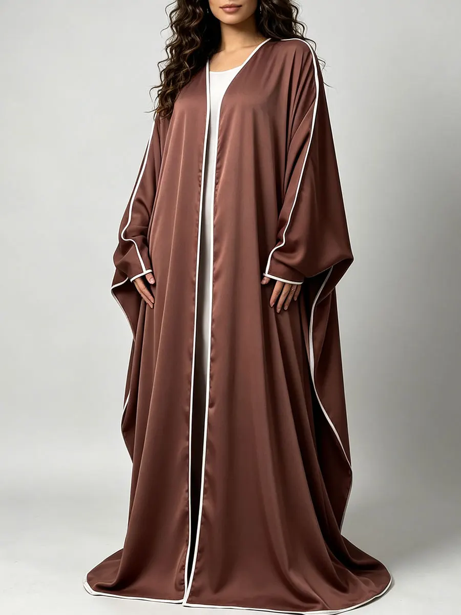 Elegant Satin Abaya Kimono for Women Luxury White Piping Loose-Fit Modest Dress Casual Party Evening Long Robe