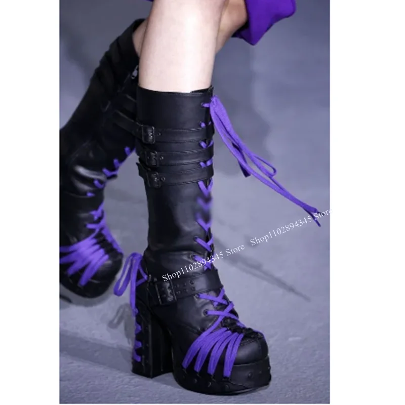 

Black Purple Strap Decor Platform Boots Thick Heel Fashionable Sexy 2023 Summer Casual Big Size Woman Shoes Zapatillas Mujer