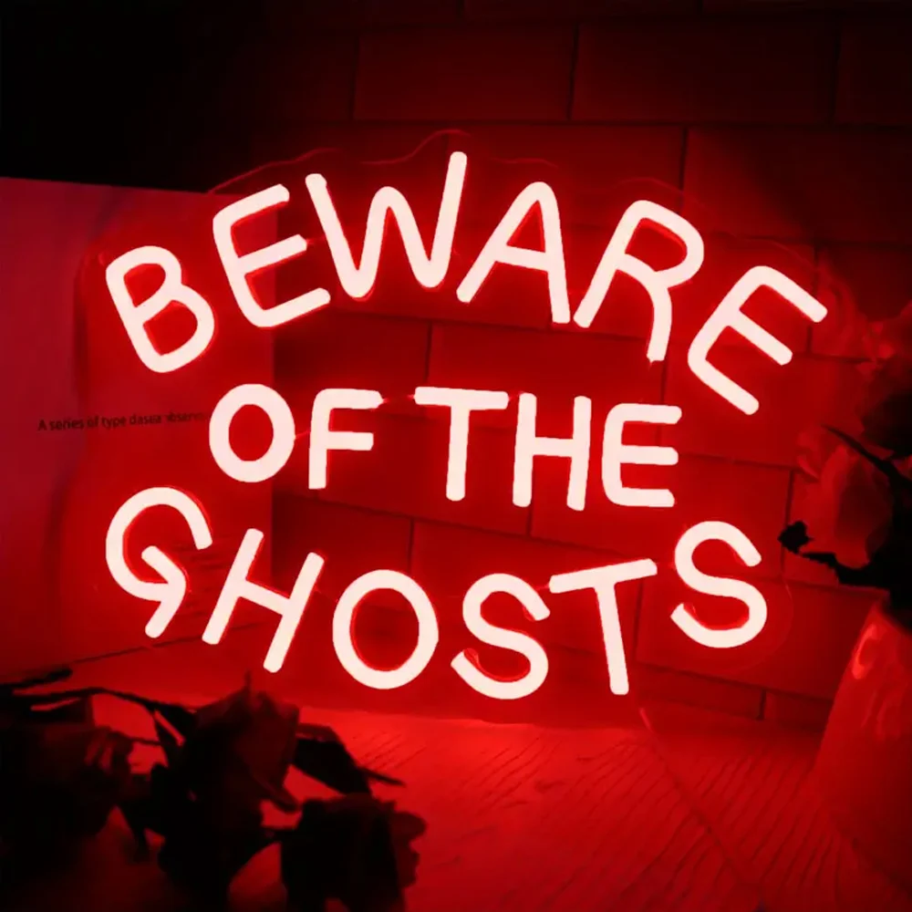 Beware of Ghosts" Neon Sign - Gothic Home & Yard Decor, Spooky USB-Powered Wall Light for Bedroom, Party & Holiday Ambiance