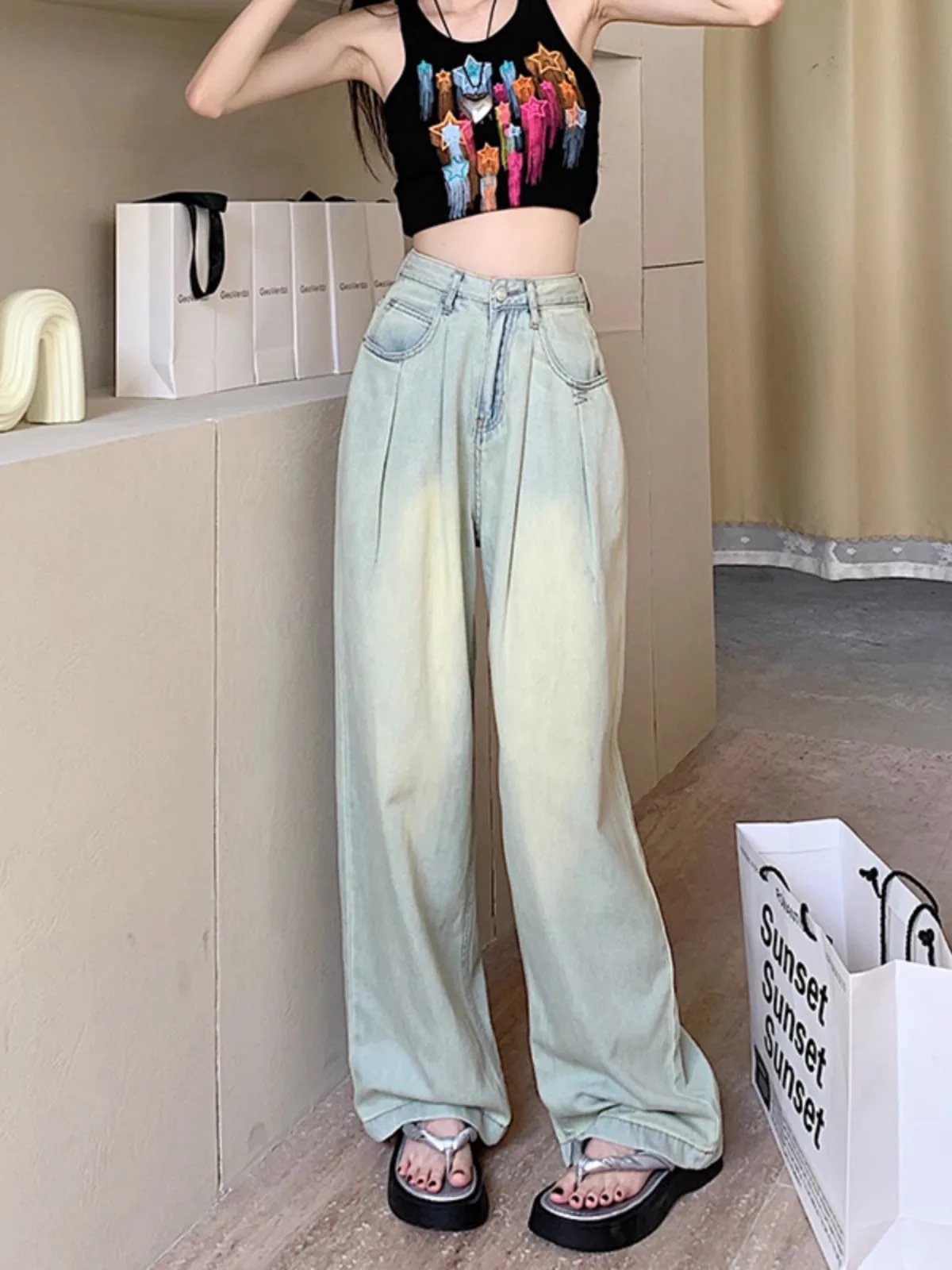 

High Waist Wide Leg Denim Jeans Women Tall American Style Summer New Loose Floor Length Pants Cotton Polyester Spandex Blend