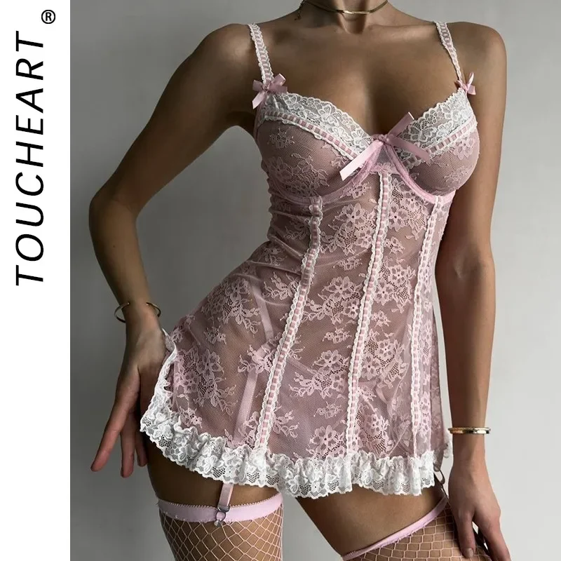 

Toucheart Lace Floral Sexy Interesting Night Skirt Bow Knot Set Embroidery See-through Skinny Backless Sexy Mesh Night Skirt Set
