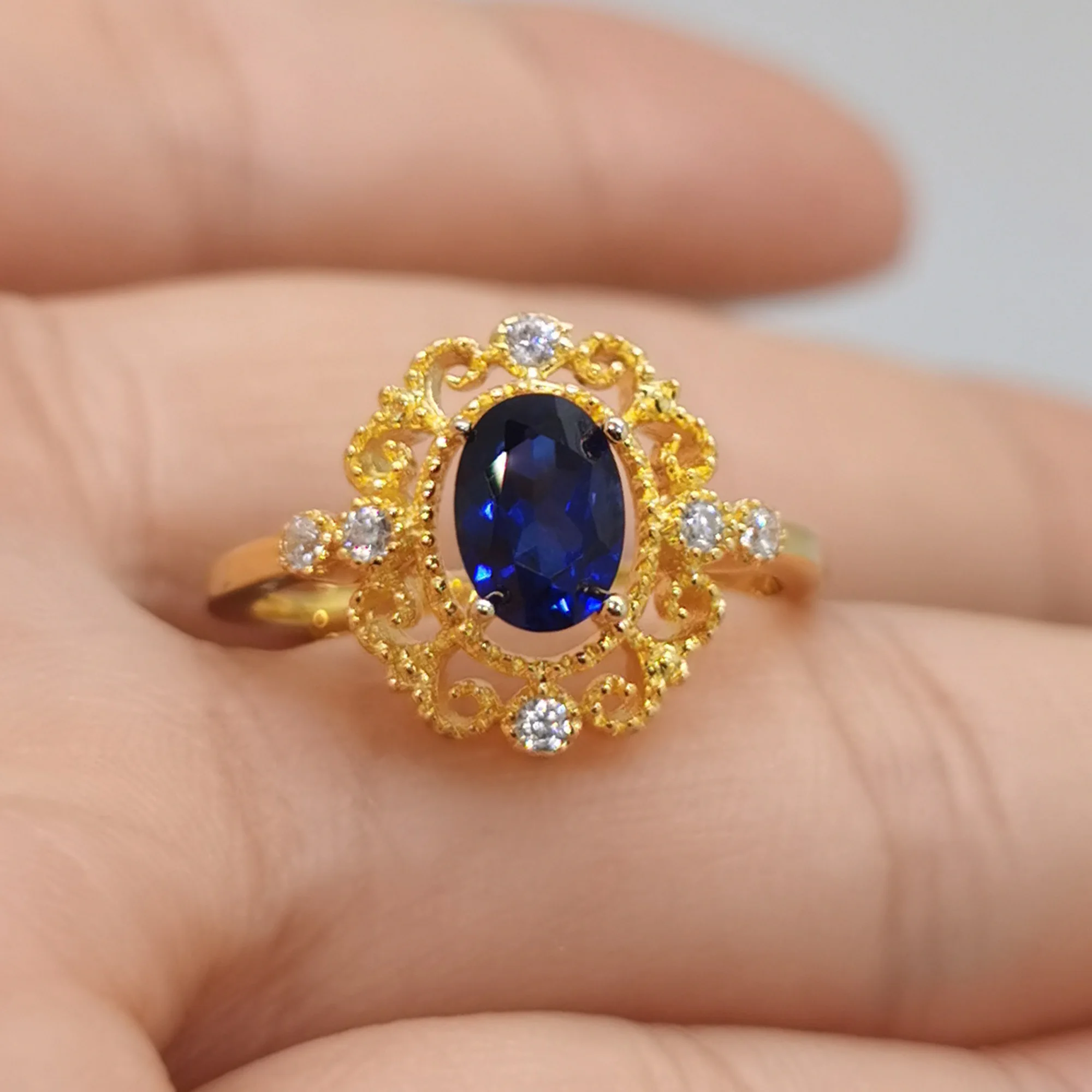 100% Real 925 Silver Gemstone Ring 5mm*7mm Man Made VVS Grade Sapphire Ring 18K Yellow Gold Plating Jewelry