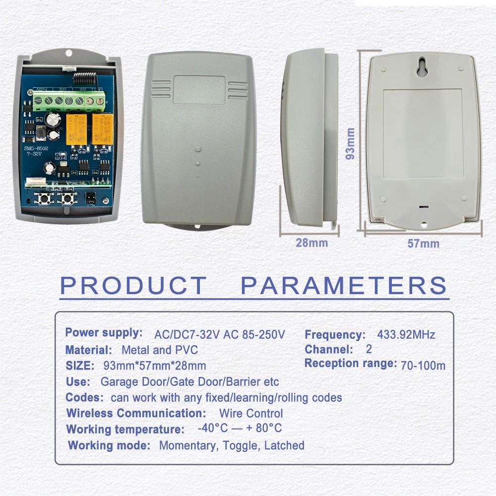 2CH 433MHz esterno porta del Garage telecomando ricevitore apricancello Controller 433.92MHz con trasmettitore Rolling Code