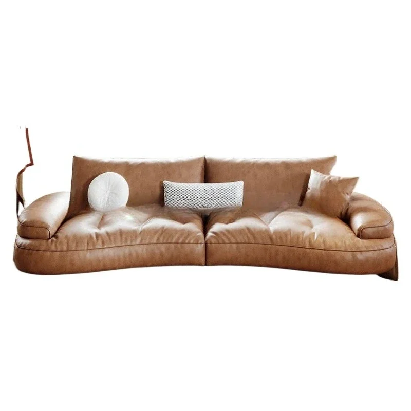 

Leather caramel color brown cream style retro leather sofa household living room small apartment light luxury curved sofa