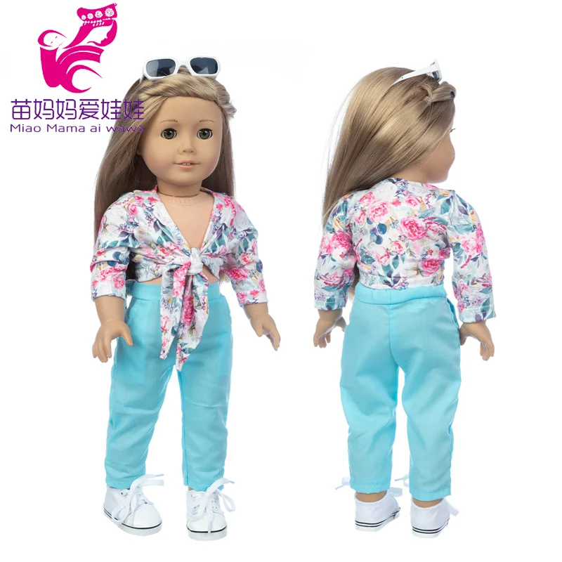 Vestido de flores con nudo para niña, blusa azul, ropa de muñeca para bebé, regalos para niña, 18 pulgadas