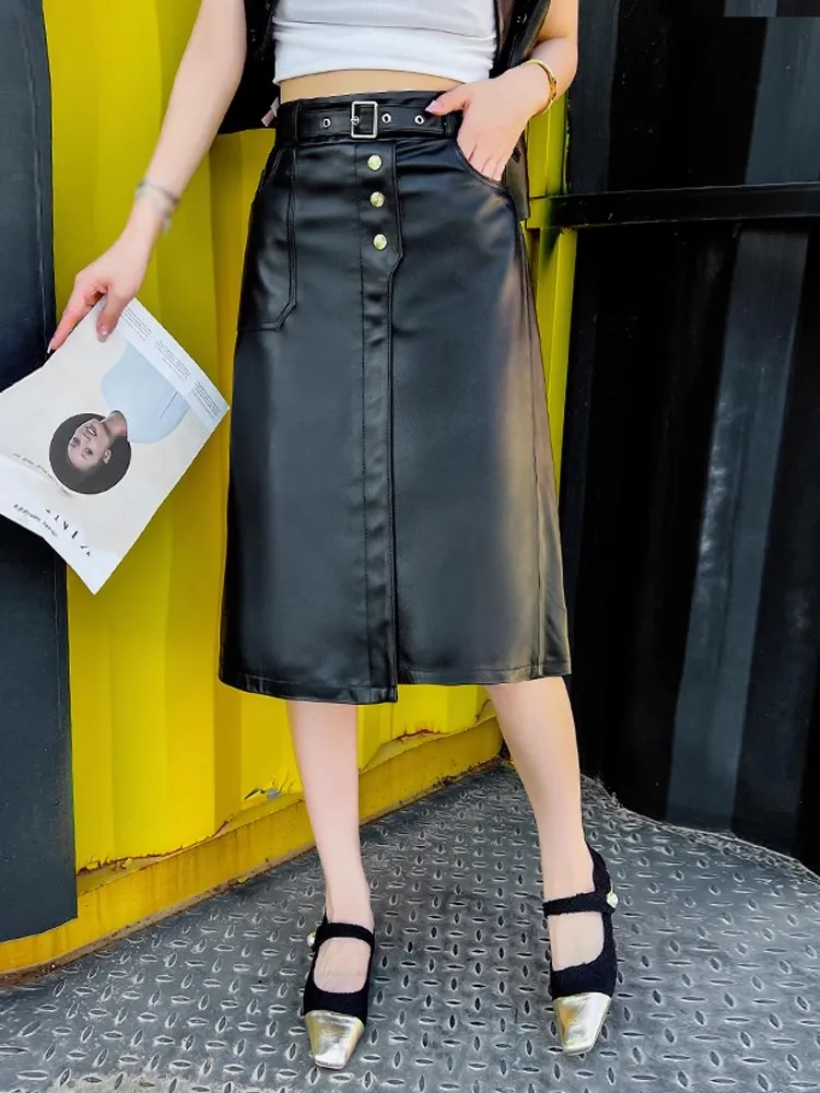 New Women High Waist Belted A Line Knee Length Mid Skirt 100% Sheepskin Genuine Leather Skirt Office Lady Slim Fit Split Skirts