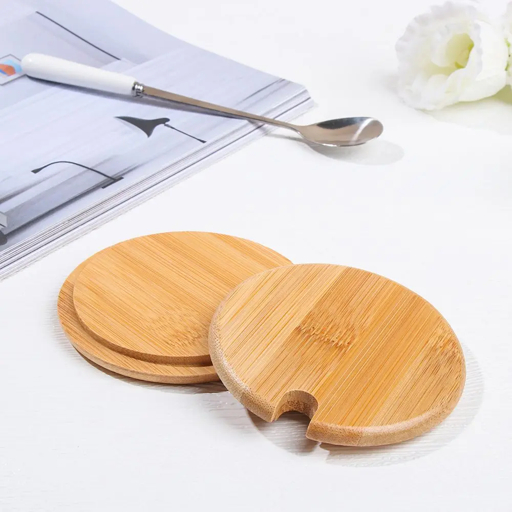 Various Sizes Wood Lid With Spoon Hole Wooden Lids Mason Jar Cap Can Mug Cover Seasoning Bottle Kitchen Organization