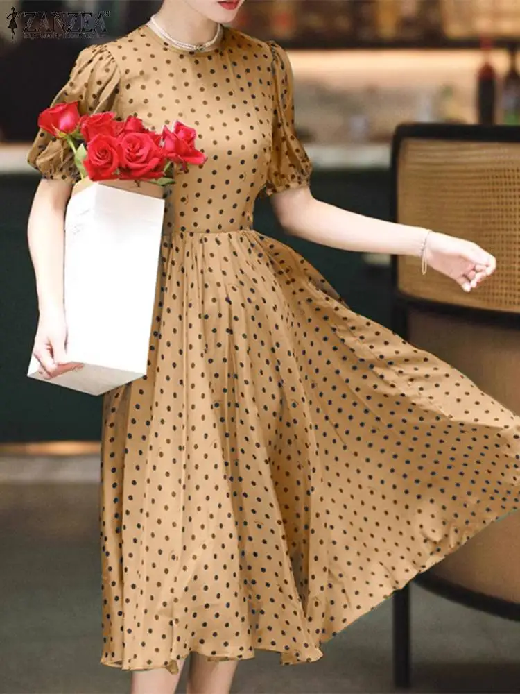 ZANZEA-vestido Midi de satén con estampado de lunares para mujer, abullonada elegante vestido de manga corta, bata de fiesta coreana Vintage, Vestidos de línea a con cintura colectora