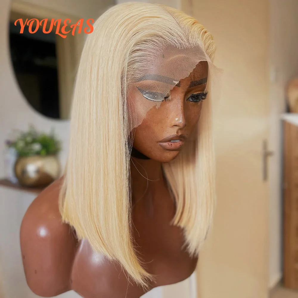 

Honey Blonde 613 Colored Straight Short Bob Wig Highlight 13x4 Transparent Lace Front Glueless Wig Human Hair Ready To Wear