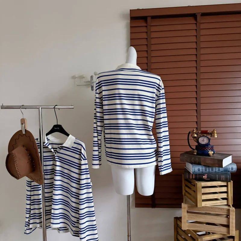 Primavera outono feminino casual gola polo manga longa listra solta t camisa senhora chique pulôver básico