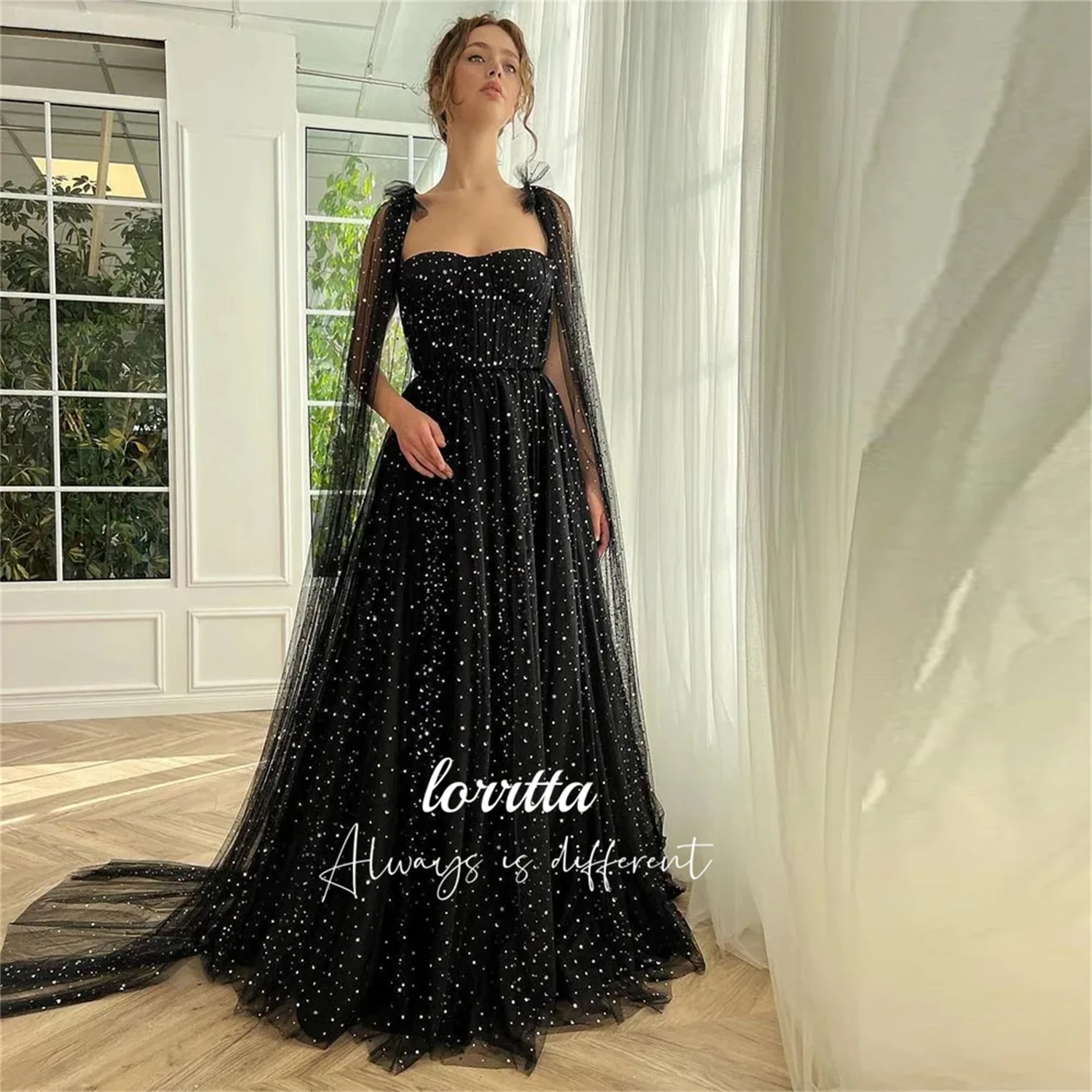 

Lorrtta Shawl Graduation Gown Evening Dress Black Shiny Decorative Fabric Party Young Girls Dresses for Formal Occasions Prom